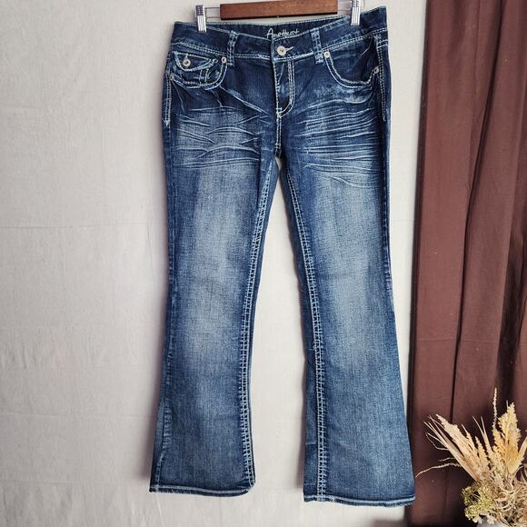 Amethyst Junior Jeans Size 13 Blue Denim Silver Blue Trim Distressed Embroidered - Picture 2 of 13